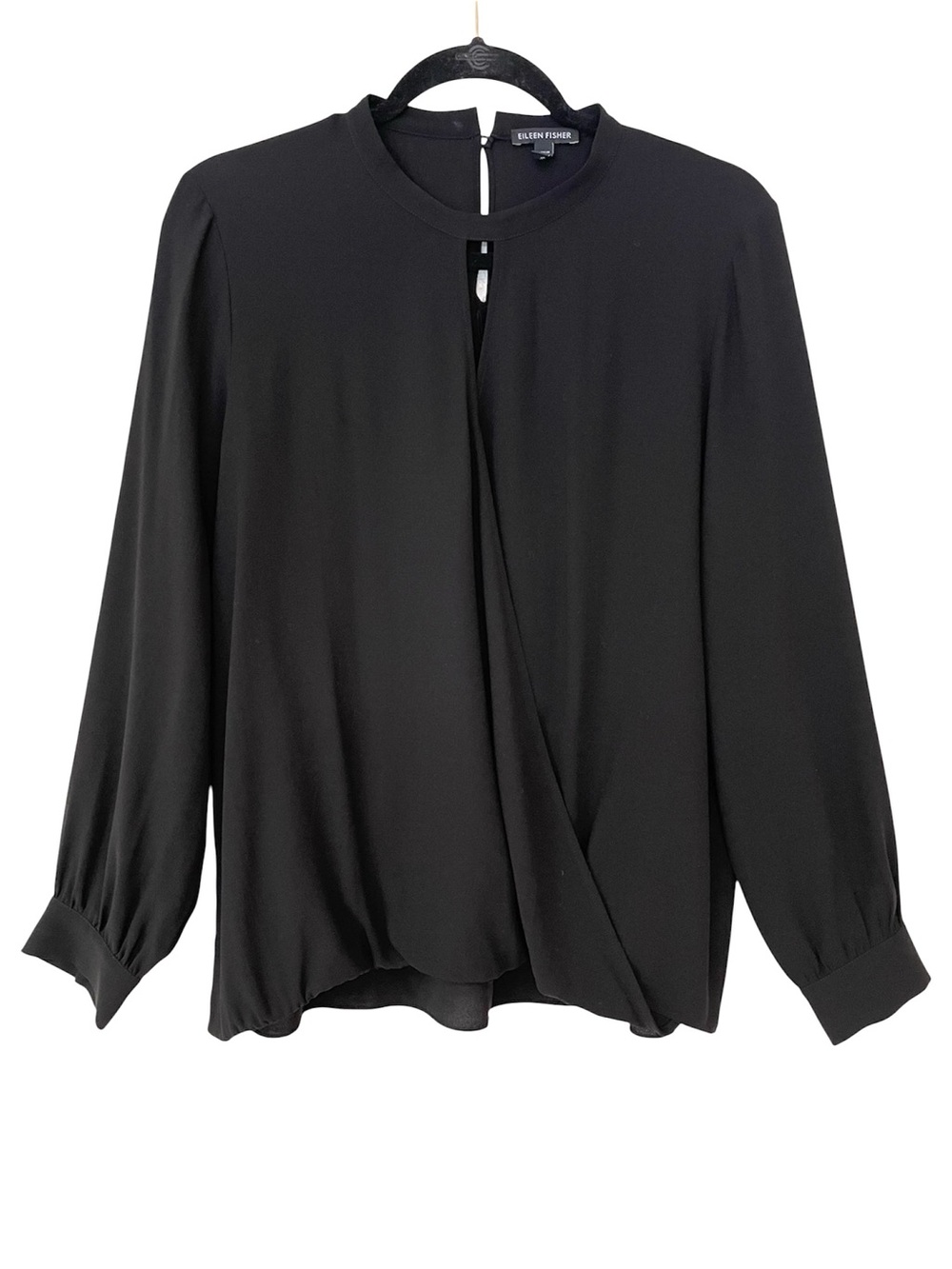 Eileen Fisher 100% Silk Wrap-Front Long Sleeve Blouse M Black  Minimalist Chic